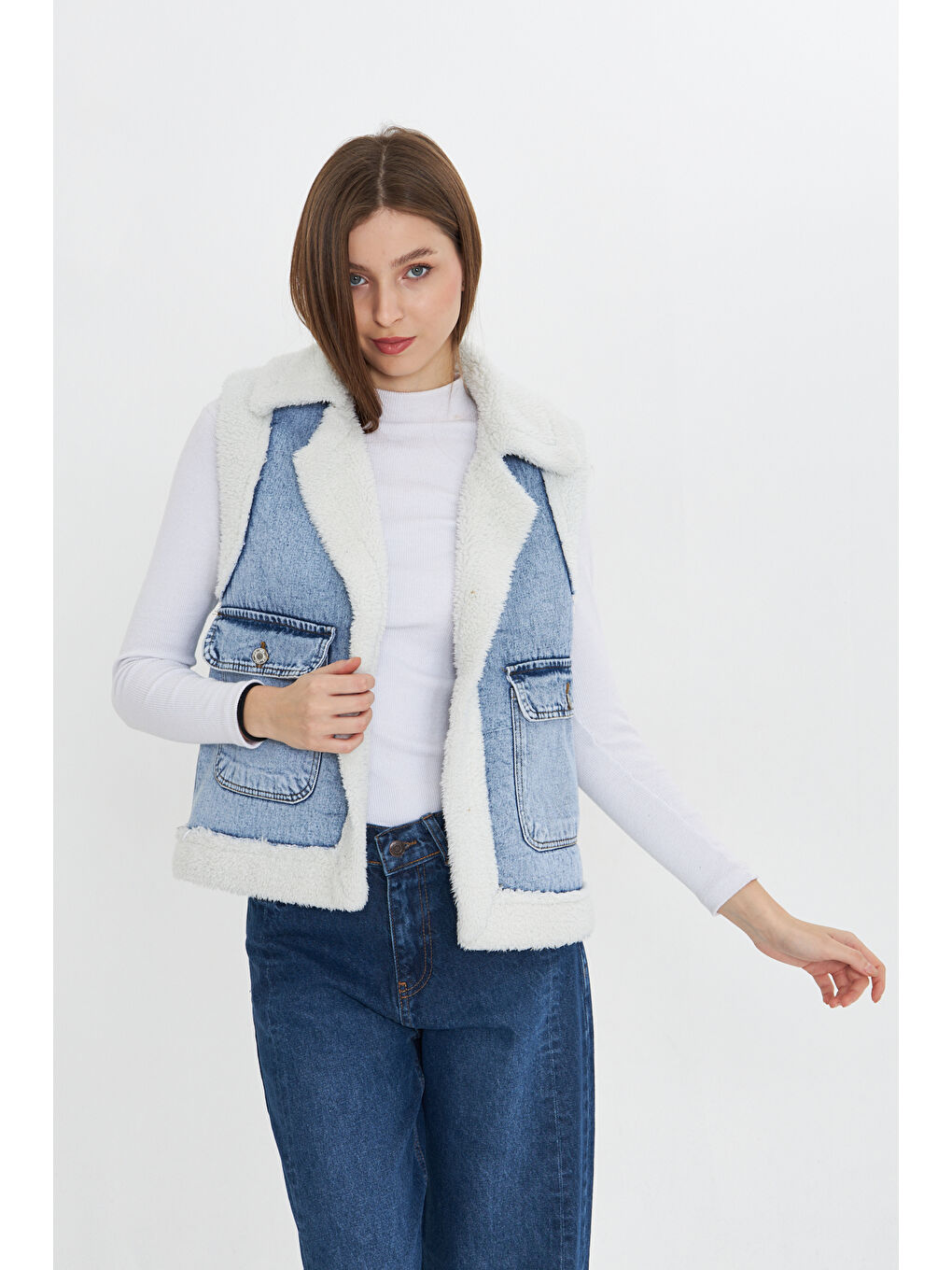 Comstar Beyaz Kadın Çift Cepli Pelüşlü Denim Yelek - 5