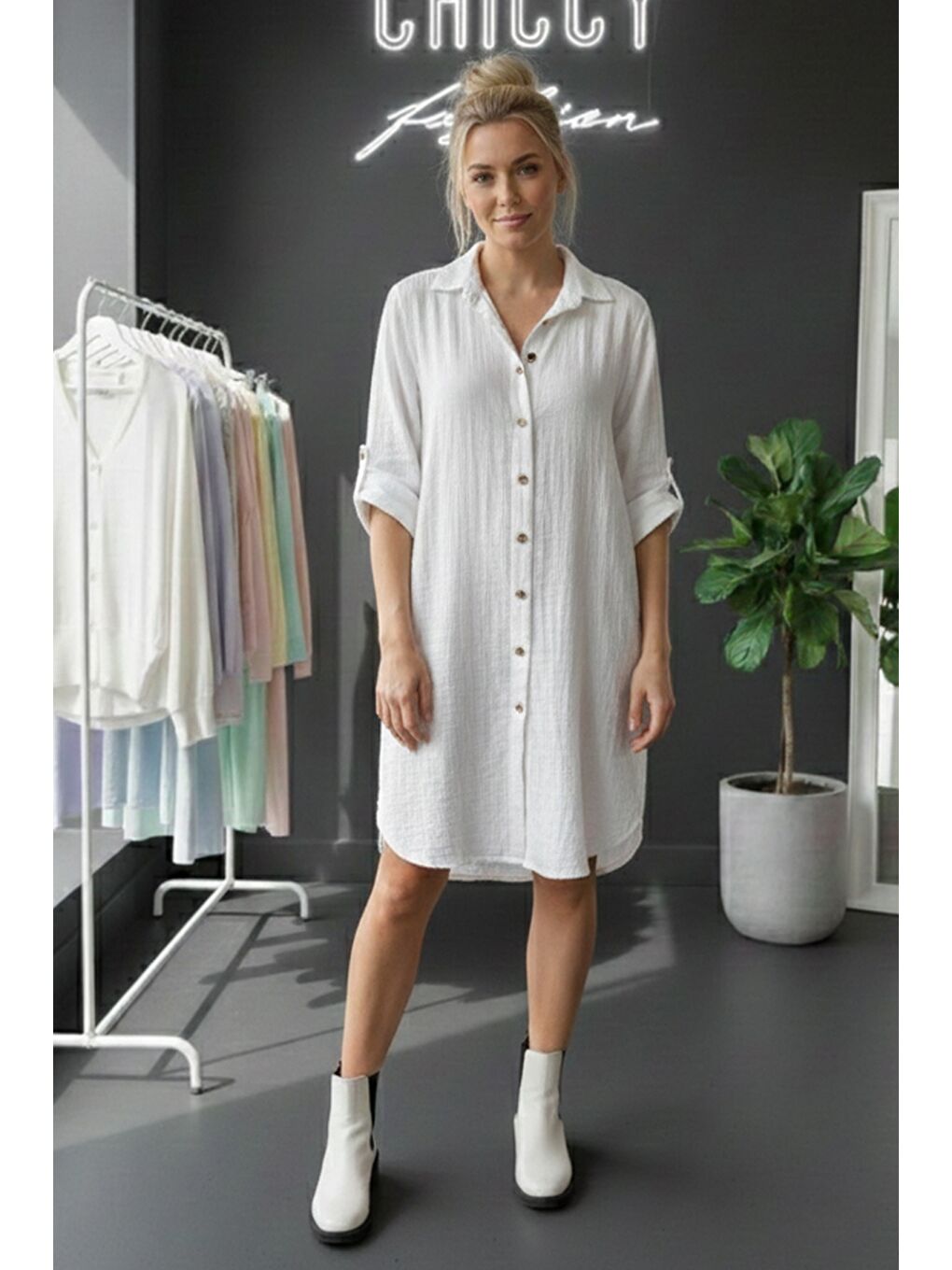 Beyaz Gömlek Yaka Düğmeli Uzun Kollu Düğmeli Casual Müslin Dokuma Gömlek Elbise 105 75-2