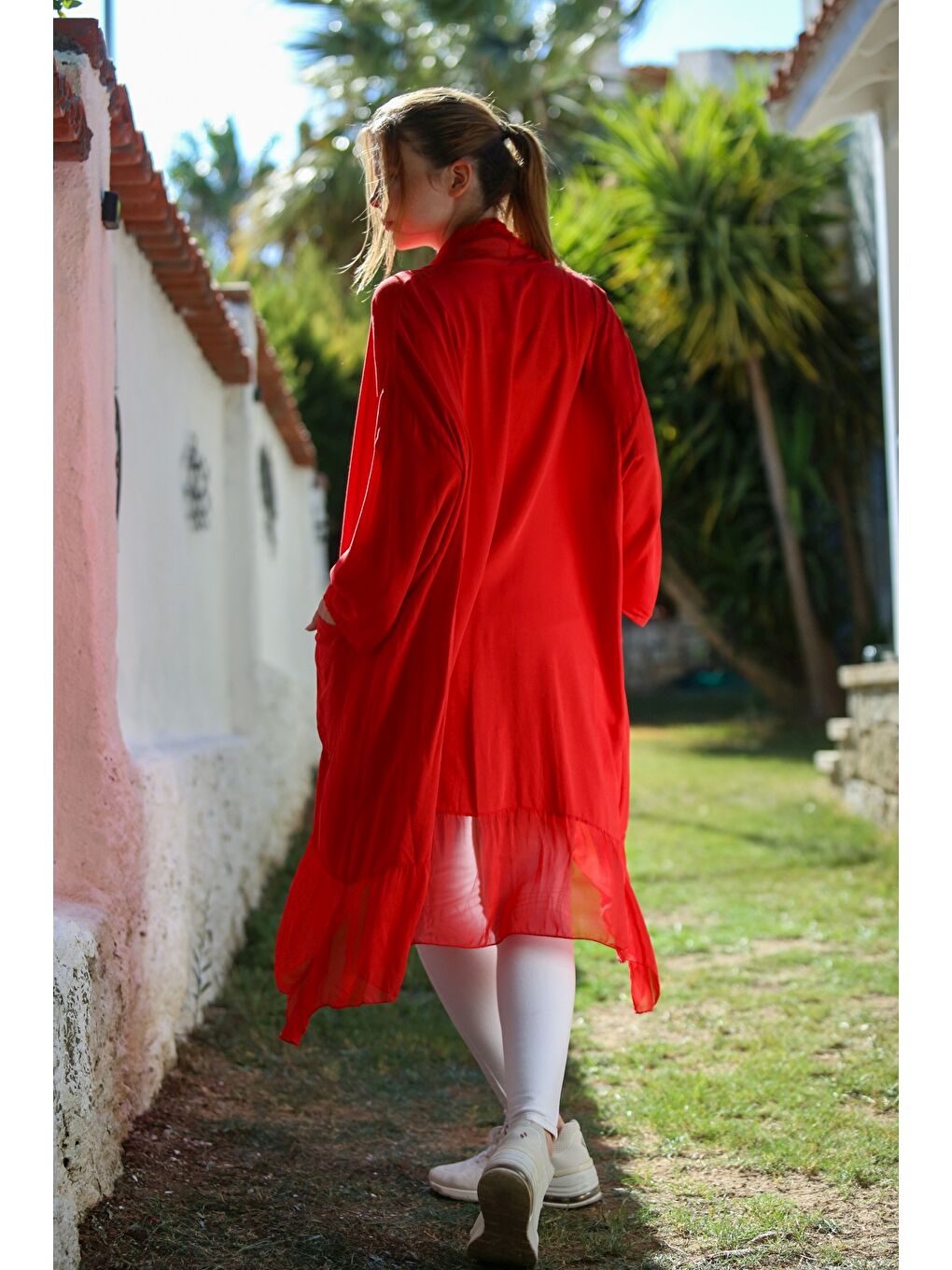 İtalyan Alev Kırmızısı Kruvaze Yaka Uzun Kol Cepli İpek Oversize Dokuma Tunik 95 75-7