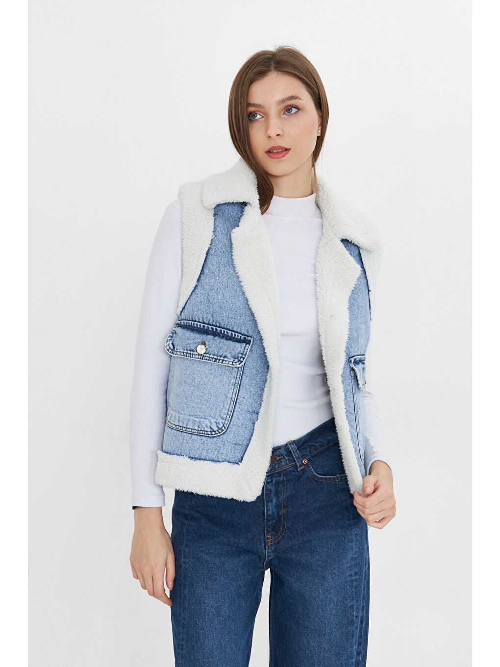 Comstar Beyaz Kadın Çift Cepli Pelüşlü Denim Yelek - 6