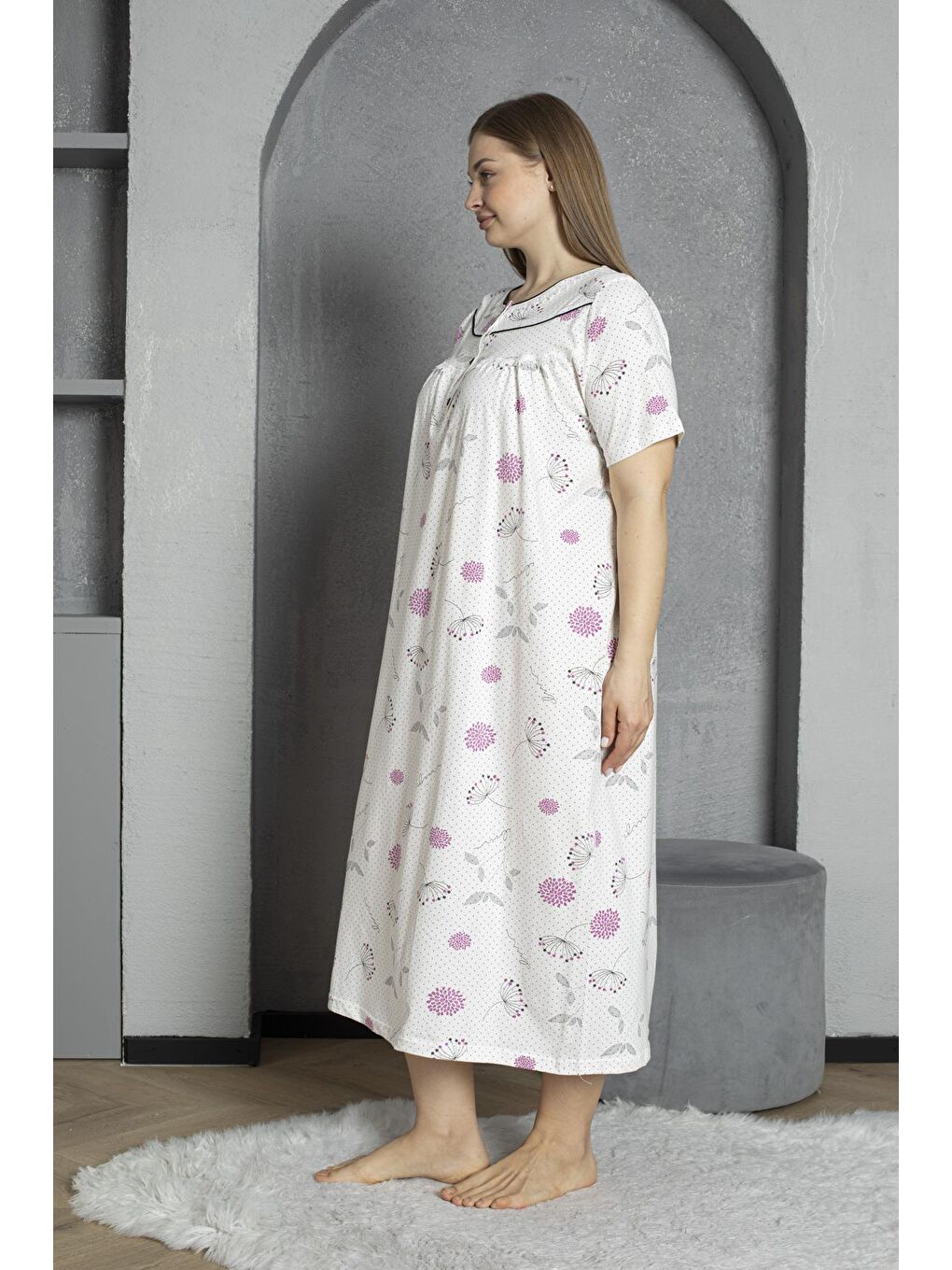 Mürdüm Düğmeli Yaka Kısa Kol %100 Pamuklu Penye Büyük Beden Anne Geceliği 1515-2