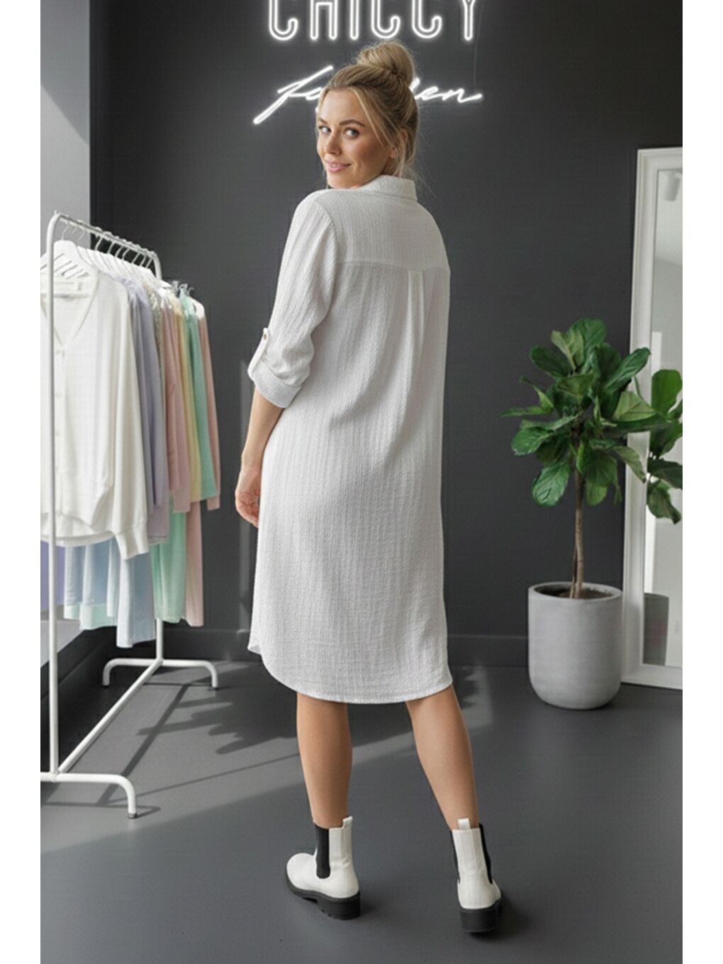 Beyaz Gömlek Yaka Düğmeli Uzun Kollu Düğmeli Casual Müslin Dokuma Gömlek Elbise 105 75-3