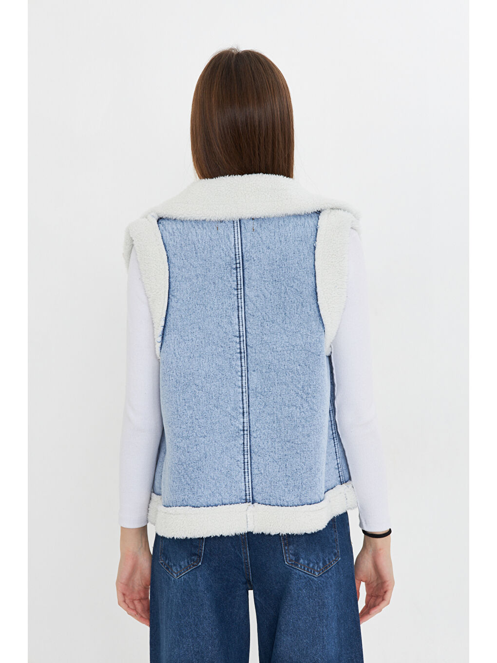 Comstar Beyaz Kadın Çift Cepli Pelüşlü Denim Yelek - 7