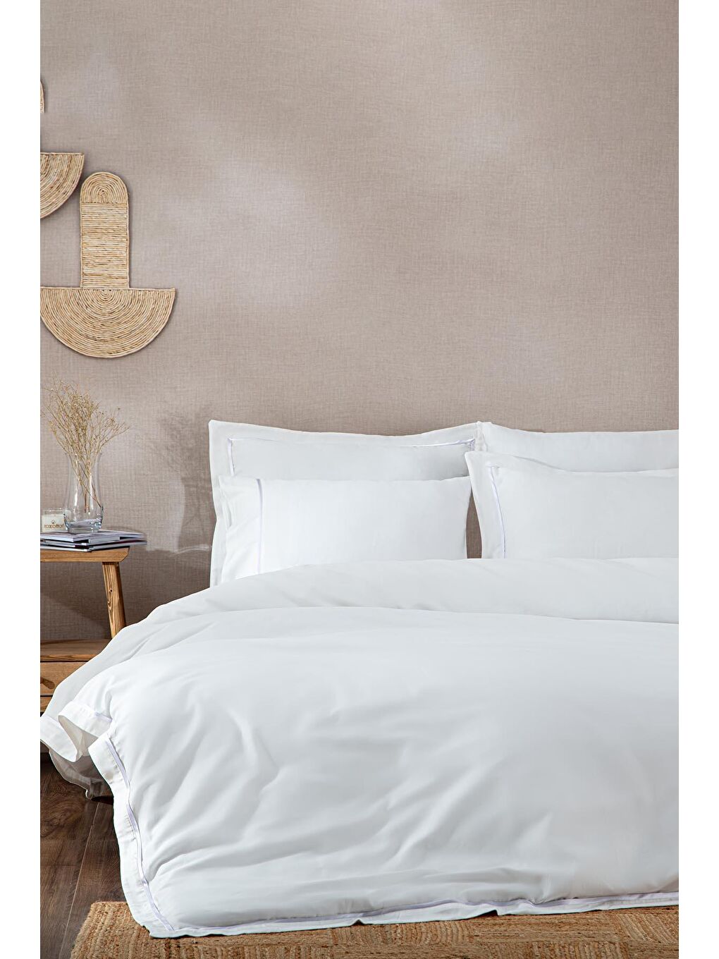 Gri Meva Çift Kişilik Nevresim Takımı %100 Organik Pamuk Saten Nakışlı Krem-Gümüş 200x220 Cm