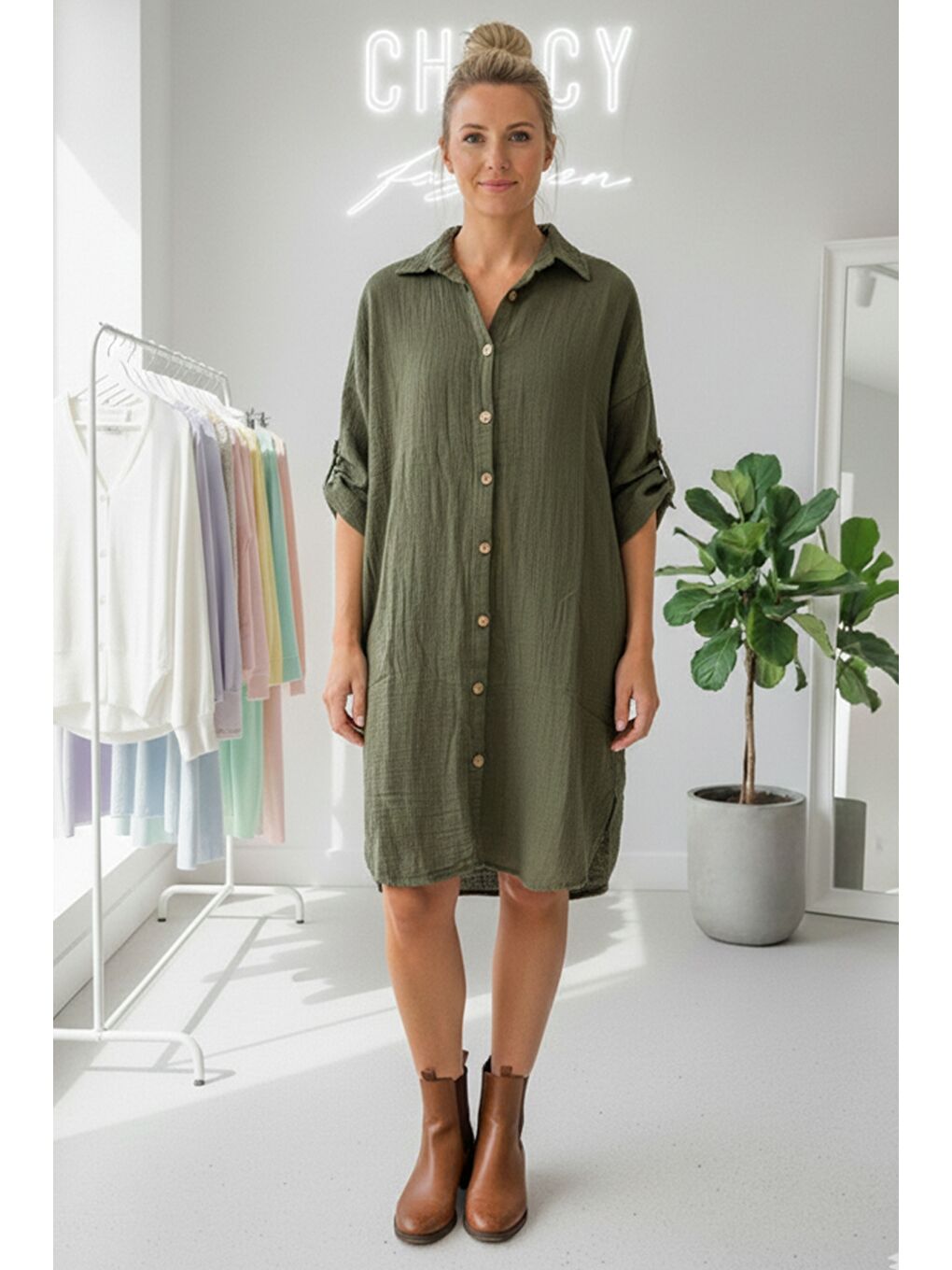 Haki Gömlek Yaka Düğmeli Uzun Kollu Düğmeli Casual Müslin Dokuma Gömlek Elbise 105 75-1
