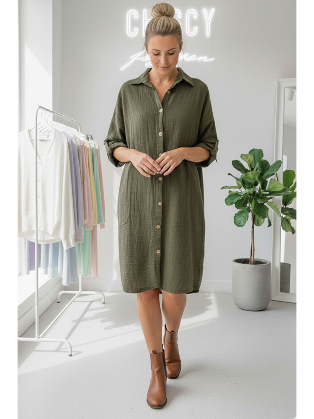 Haki Gömlek Yaka Düğmeli Uzun Kollu Düğmeli Casual Müslin Dokuma Gömlek Elbise 105 75-2