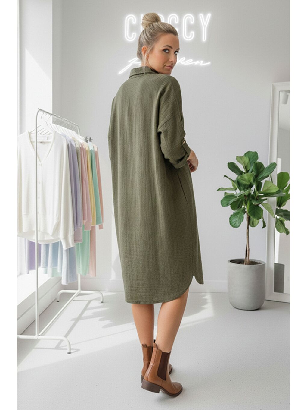 Haki Gömlek Yaka Düğmeli Uzun Kollu Düğmeli Casual Müslin Dokuma Gömlek Elbise 105 75-3