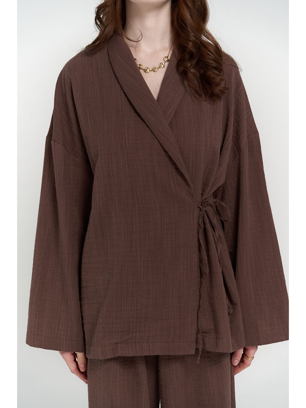 Kahverengi Anya Kahve Kimono Pantolon Takım-5