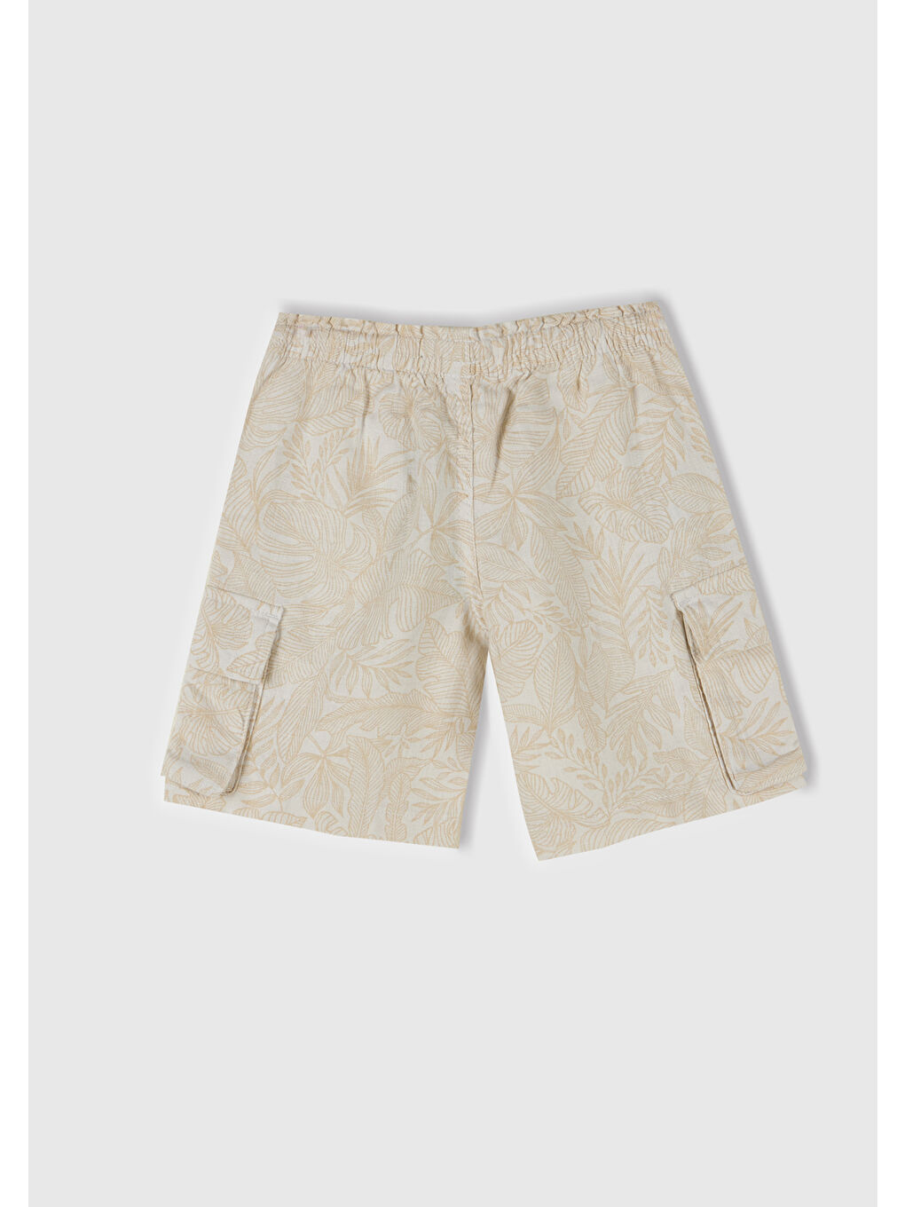 Erkek Çocuk Ekru Keten Karışımlı Tamamı Desenli Büzgü İpli Yanları Cepli Şort-2
