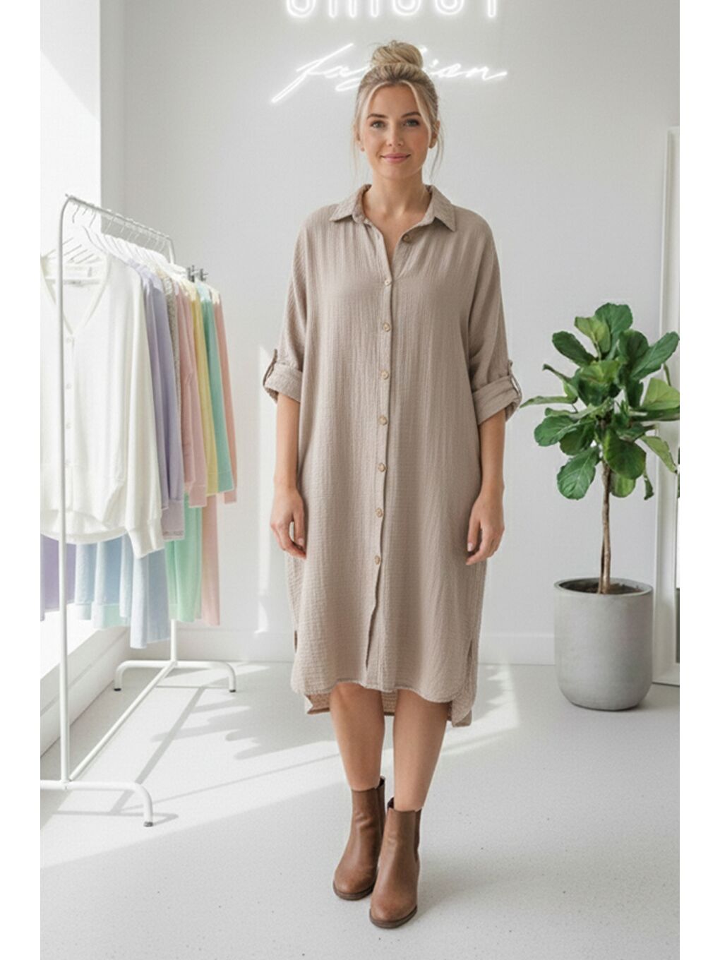 Bej Gömlek Yaka Düğmeli Uzun Kollu Düğmeli Casual Müslin Dokuma Gömlek Elbise 105 75-1