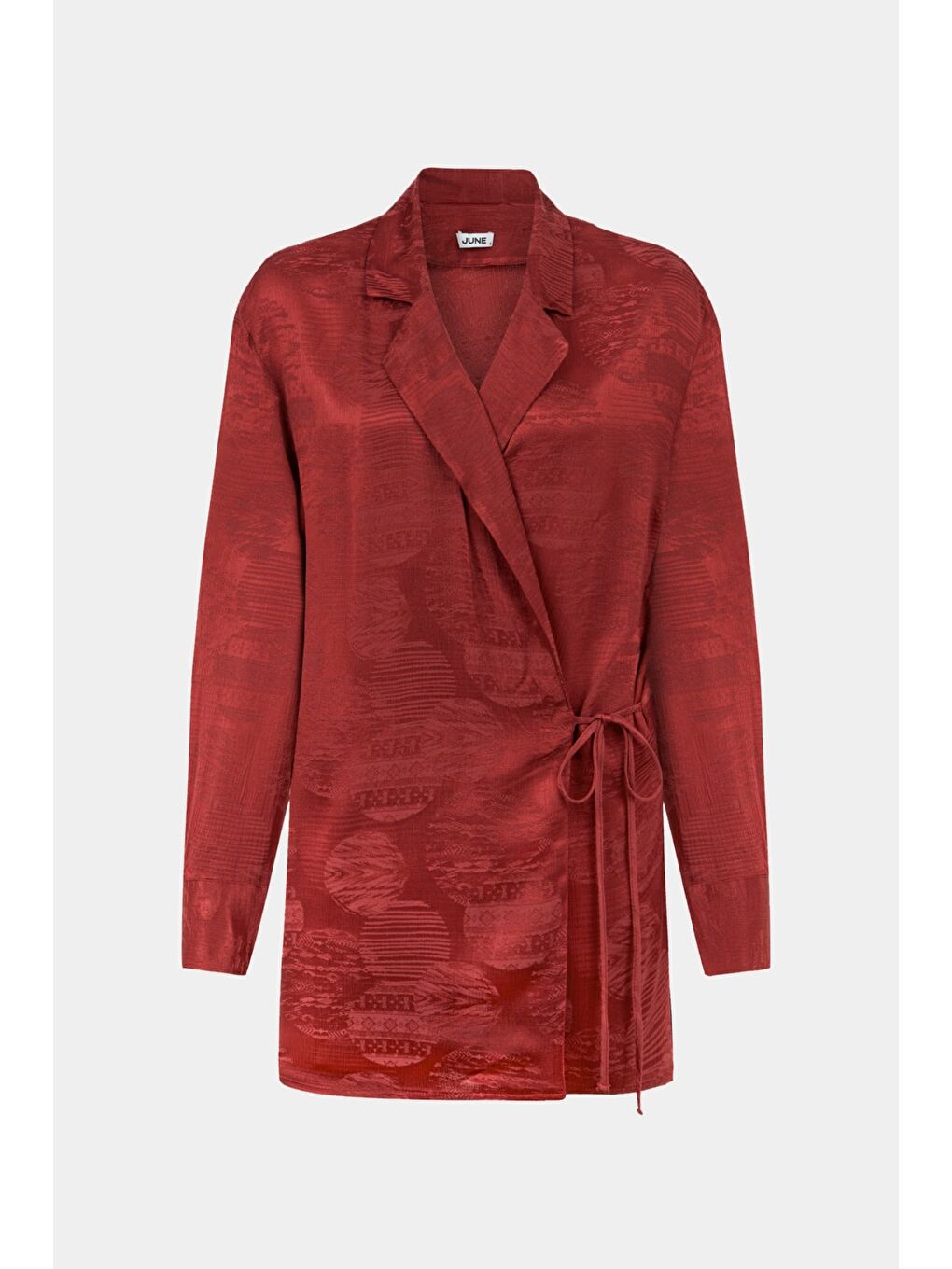 Bordo Kadın Oversize/Bol Kesim Viskoz Karışımlı Bağlama Detaylı Kendinden Desenli Gömlek