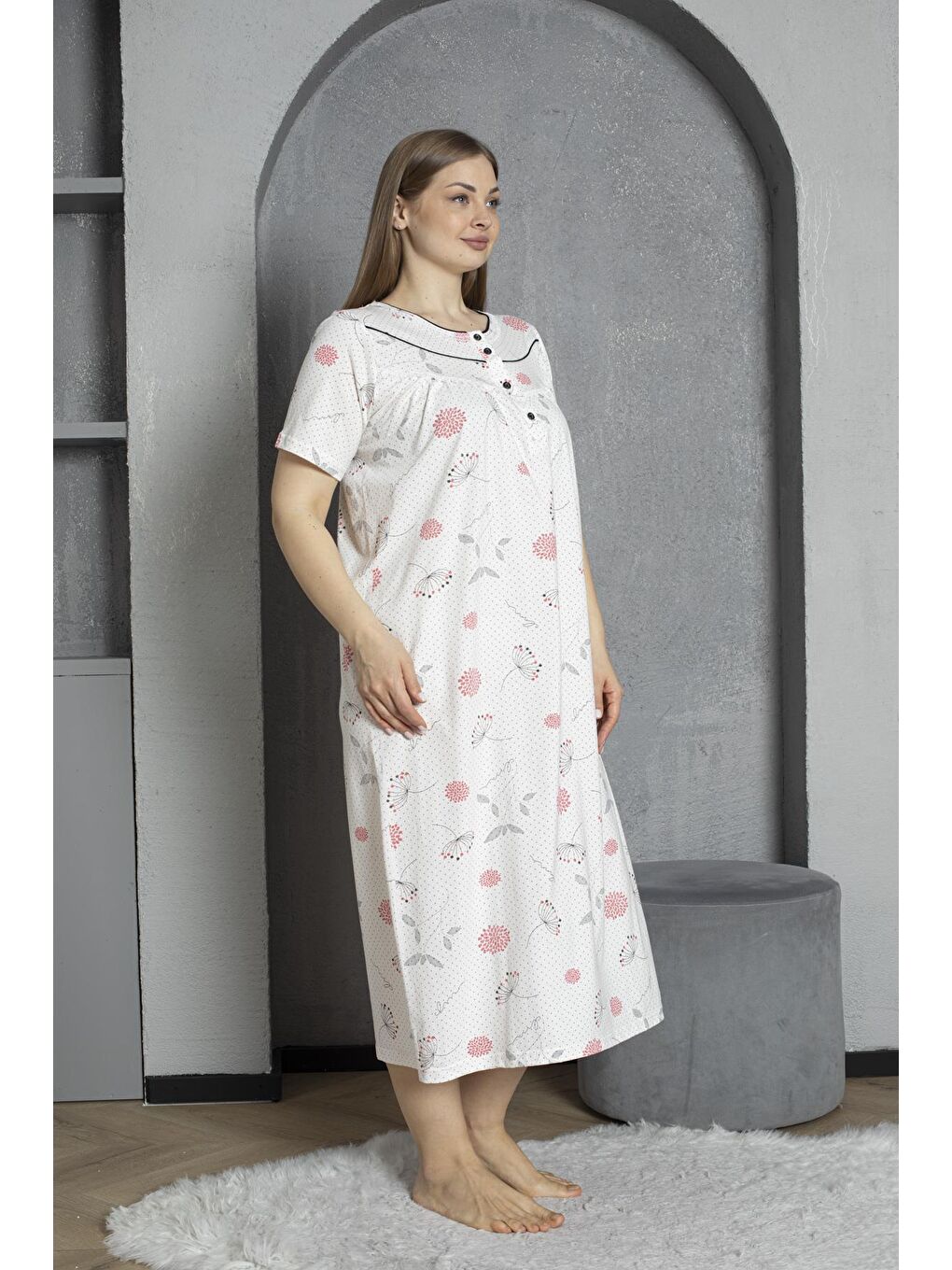 Kırmızı Düğmeli Yaka Kısa Kol %100 Pamuklu Penye Büyük Beden Anne Geceliği 1515-2