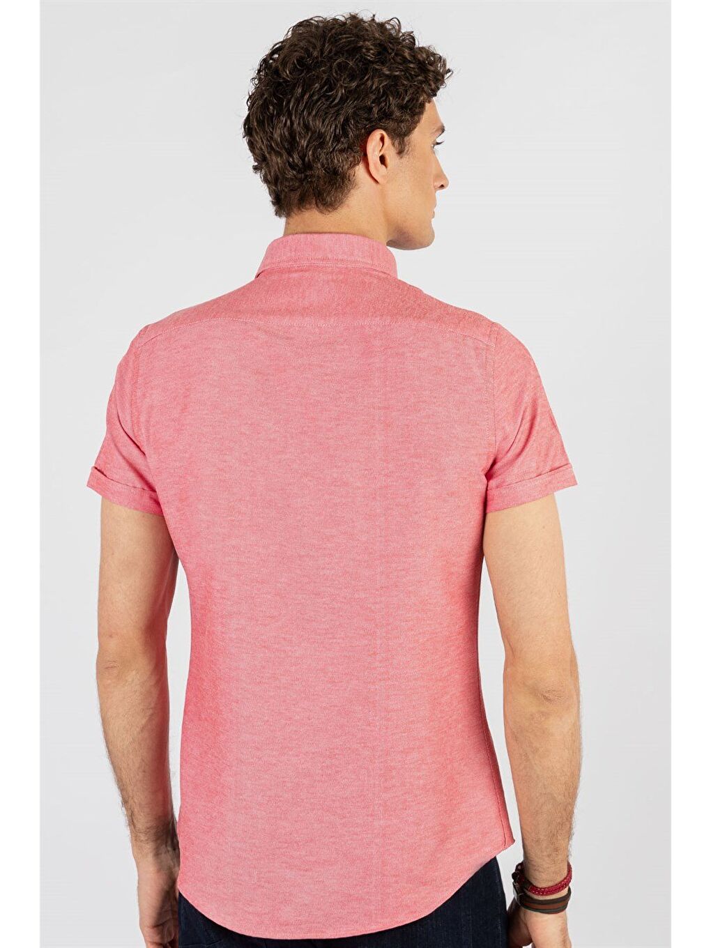Erkek Slim Fit Dar Kesim Kısa Kollu Pamuklu Oxford Doku Kırmızı Düğmeli Yaka Gömlek-4