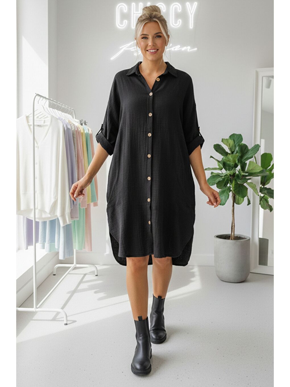 Siyah Gömlek Yaka Düğmeli Uzun Kollu Düğmeli Casual Müslin Dokuma Gömlek Elbise 105 75