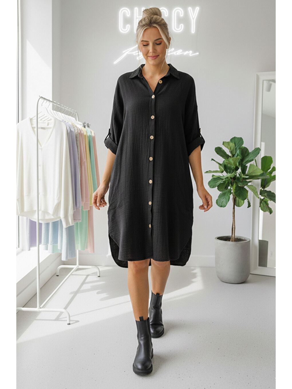 Siyah Gömlek Yaka Düğmeli Uzun Kollu Düğmeli Casual Müslin Dokuma Gömlek Elbise 105 75-1