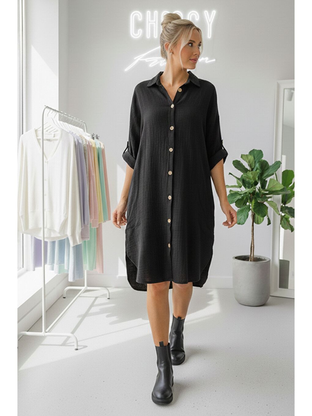 Siyah Gömlek Yaka Düğmeli Uzun Kollu Düğmeli Casual Müslin Dokuma Gömlek Elbise 105 75-2
