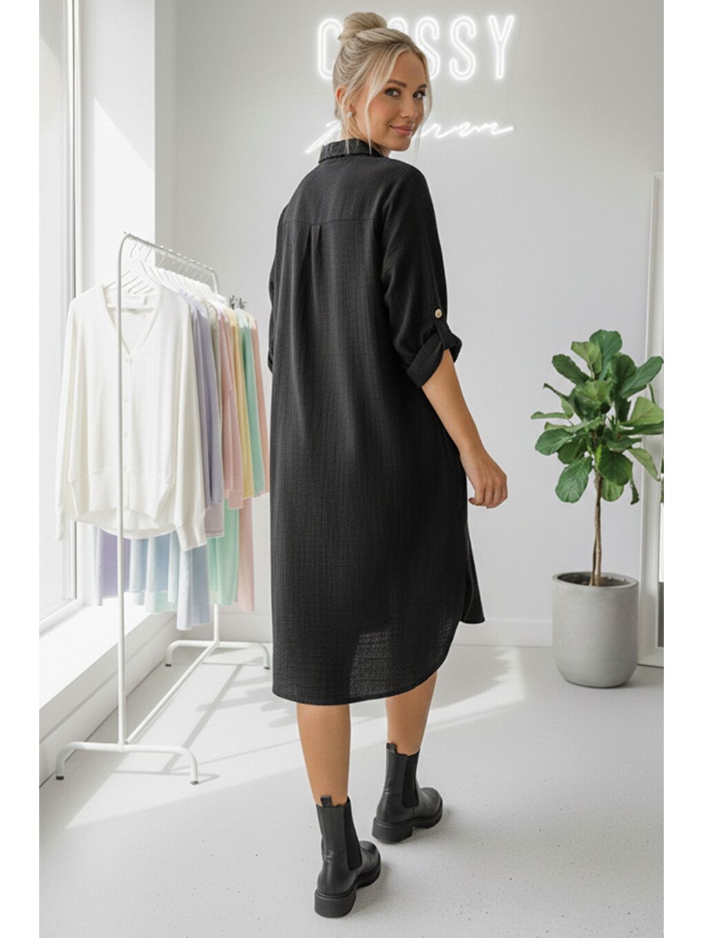 Siyah Gömlek Yaka Düğmeli Uzun Kollu Düğmeli Casual Müslin Dokuma Gömlek Elbise 105 75-3