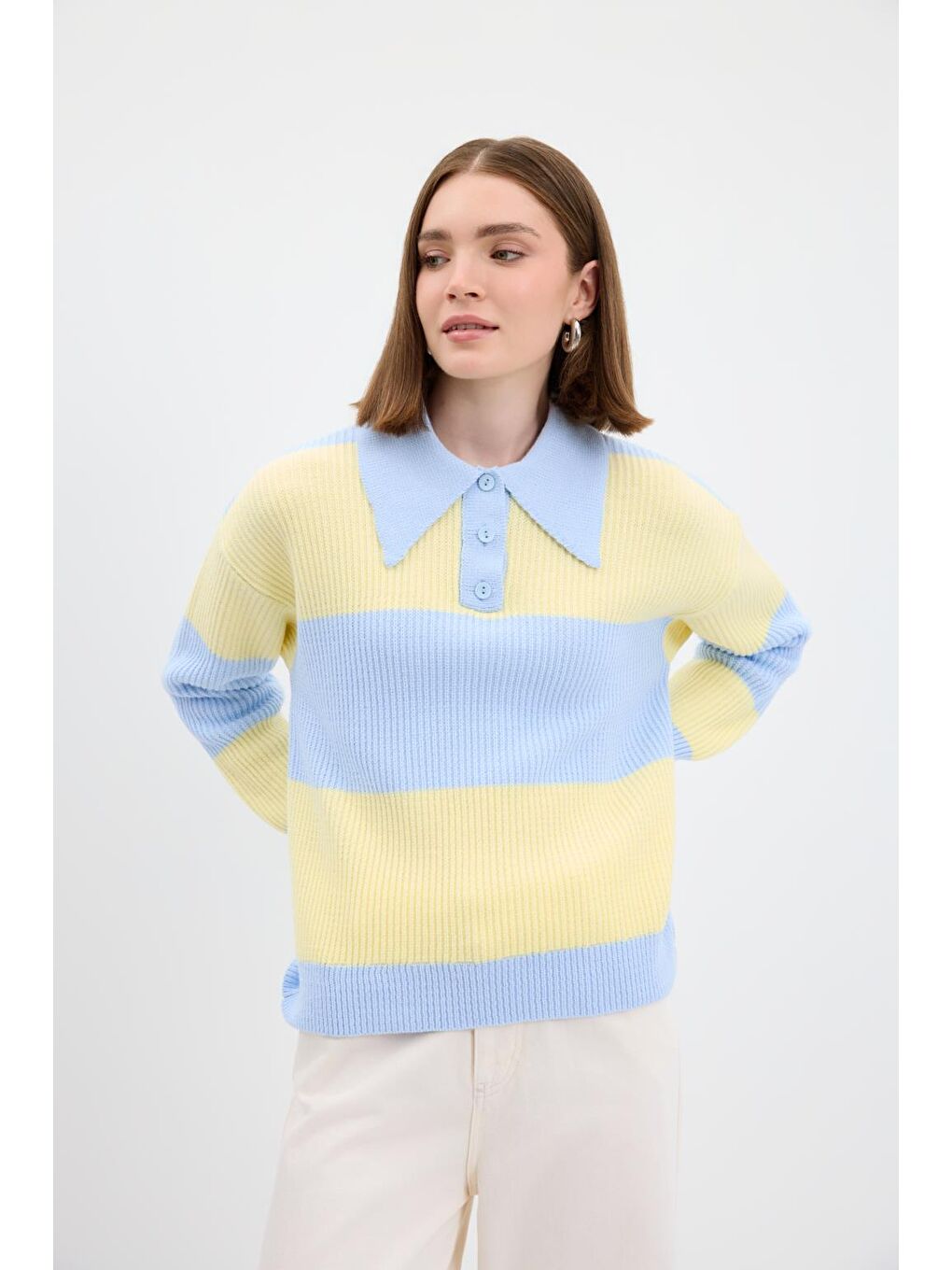 Polo Yaka Çift Renkli Triko Kazak Uçuk Mavi