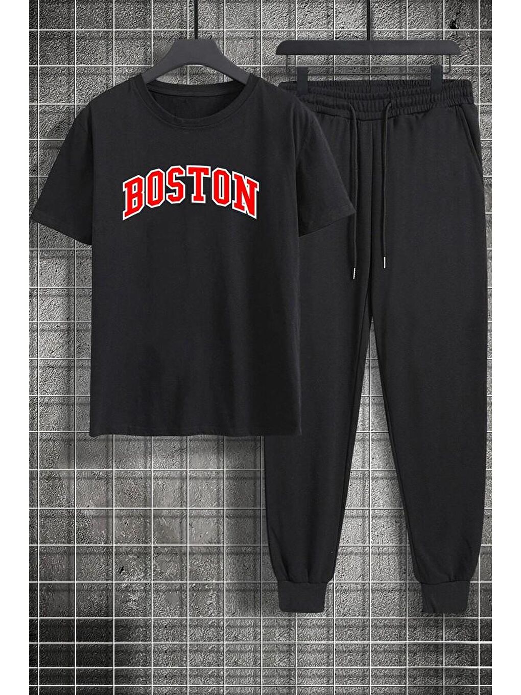 uyguntarz Siyah Unisex Boston Baskılı 2'li Eşofman Takımı