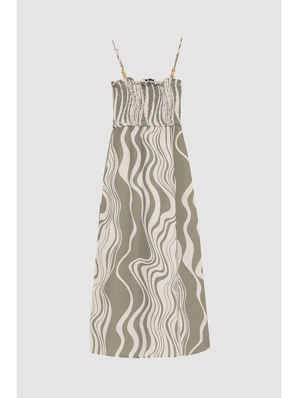 Boncuk Askılı Gipeli Yırtmaçlı Keten Elbise Haki