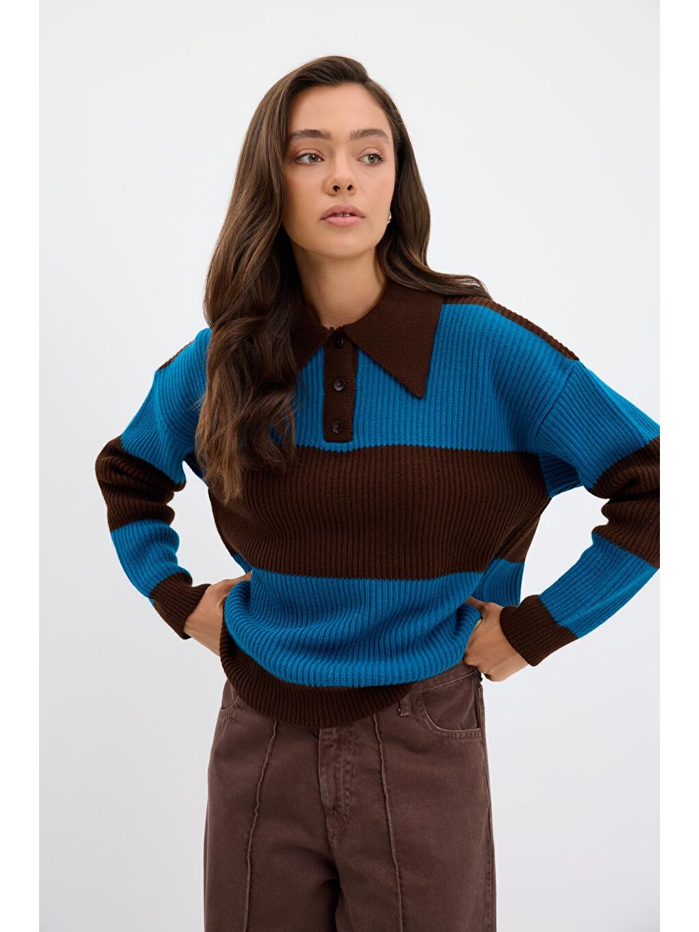 Kahverengi Polo Yaka Çift Renkli Triko Kazak Kahve