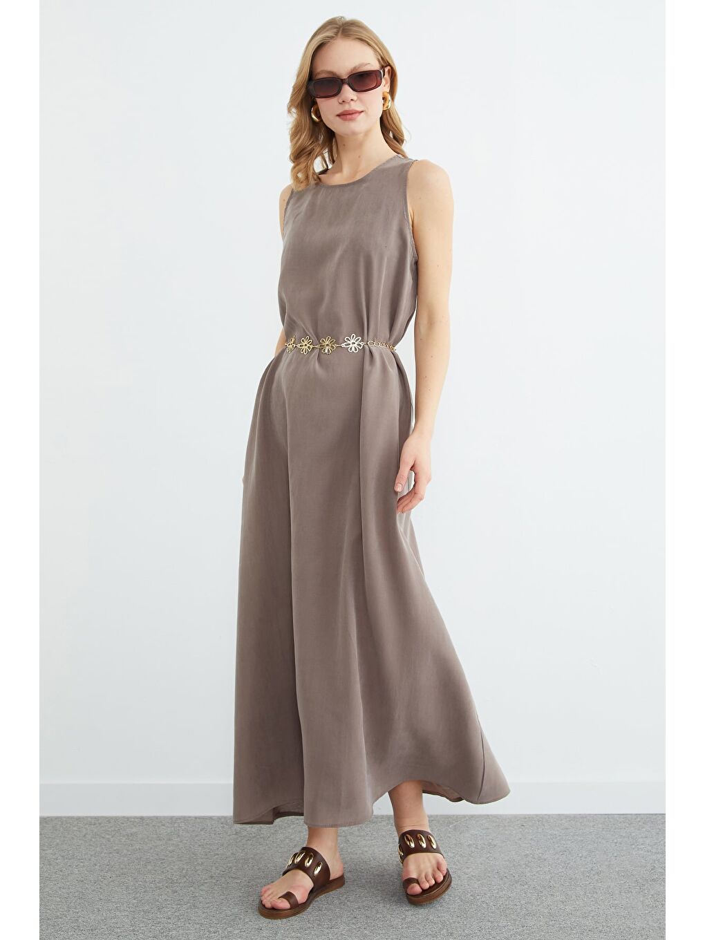 Bej Fermuarlı Salaş Maxi Boy Elbise-2