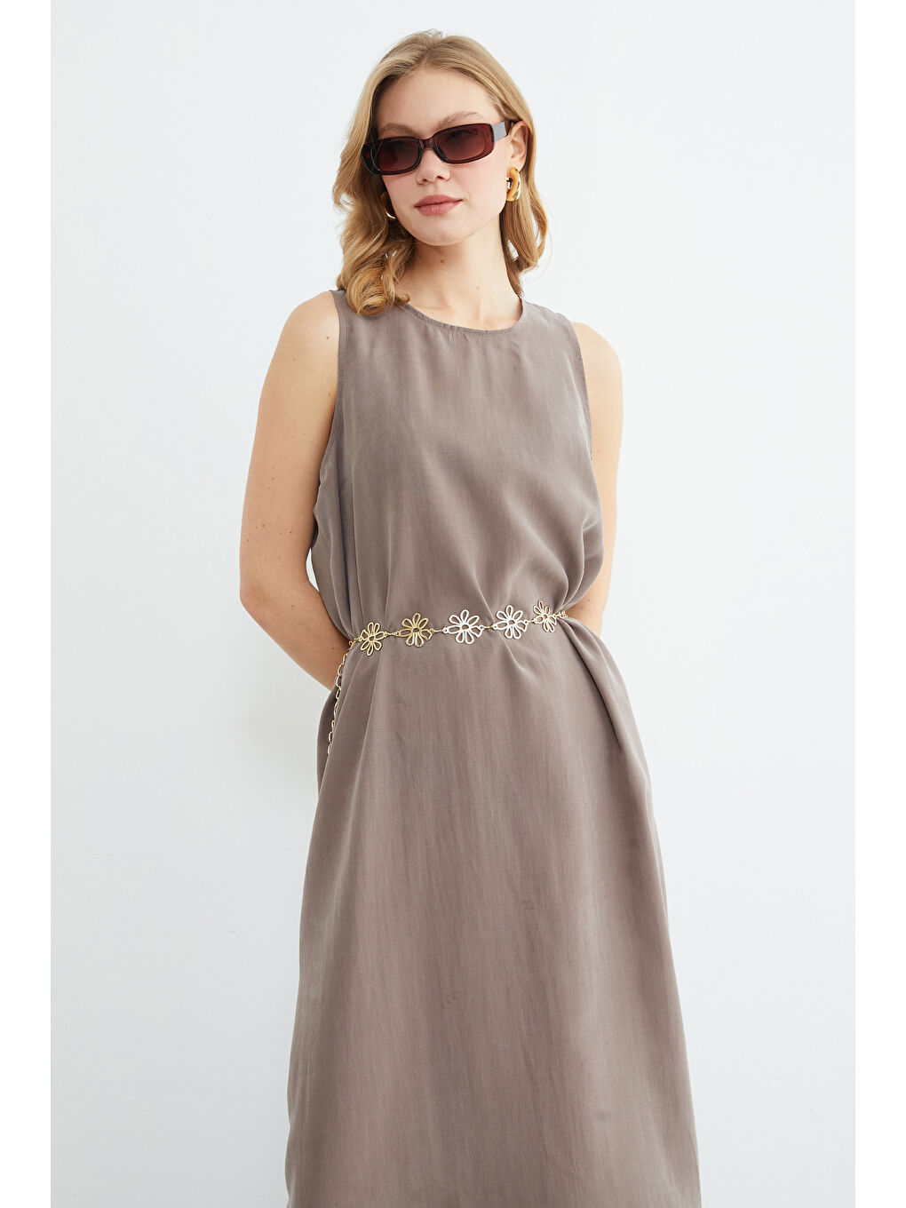 Bej Fermuarlı Salaş Maxi Boy Elbise-3