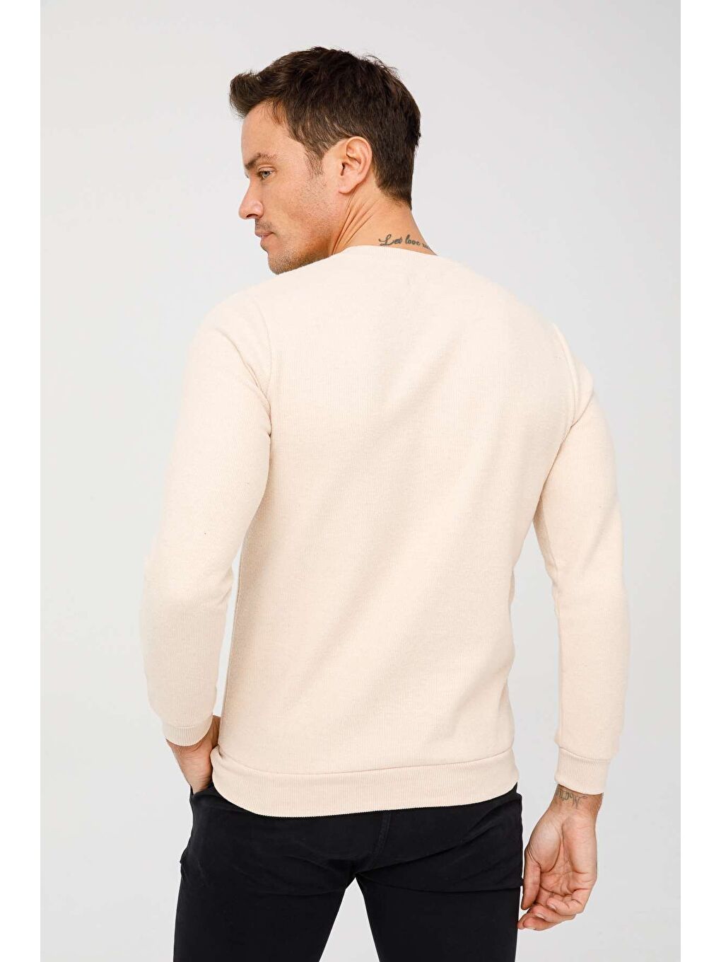 Bej Rahat Kalıp Bisiklet Yaka Düz Uzun Kollu Triko-1