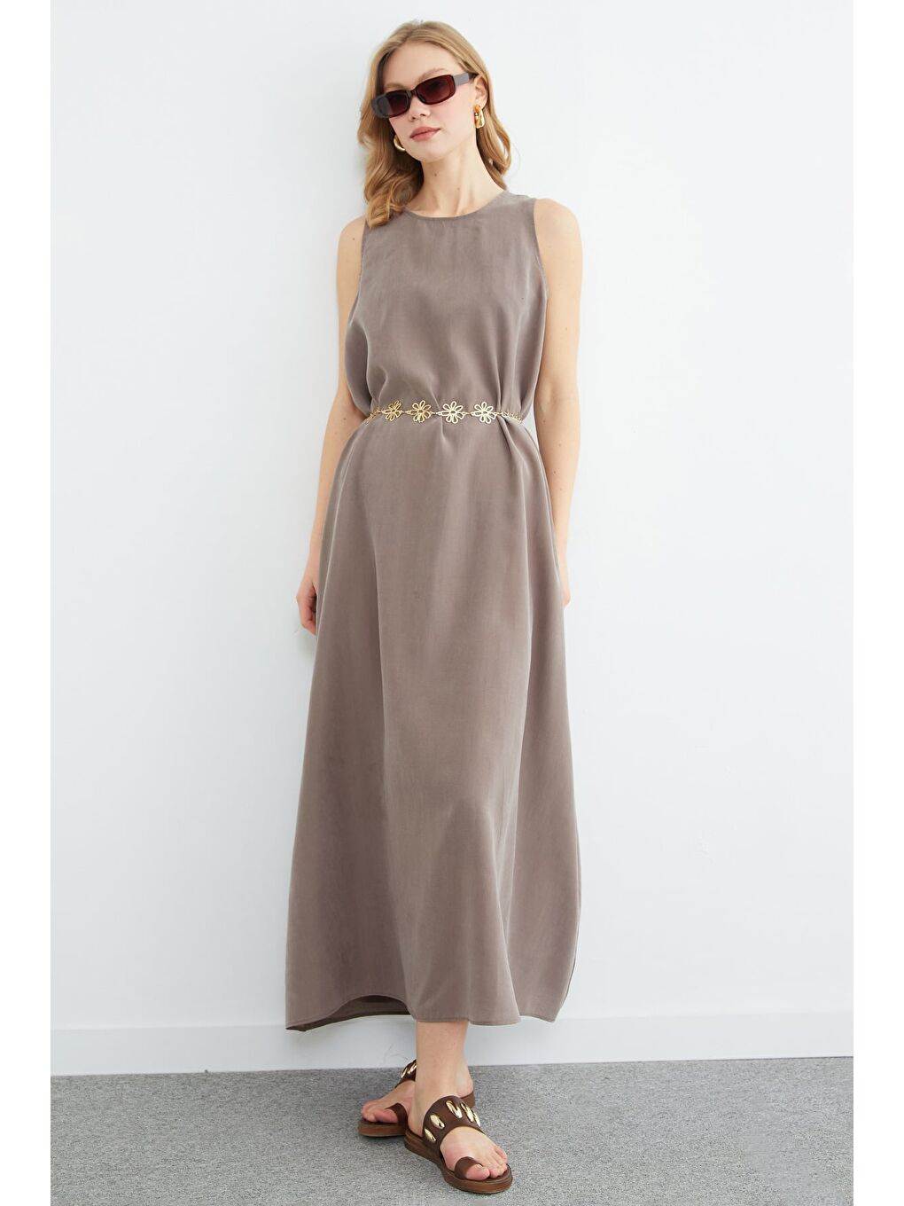 Bej Fermuarlı Salaş Maxi Boy Elbise-4