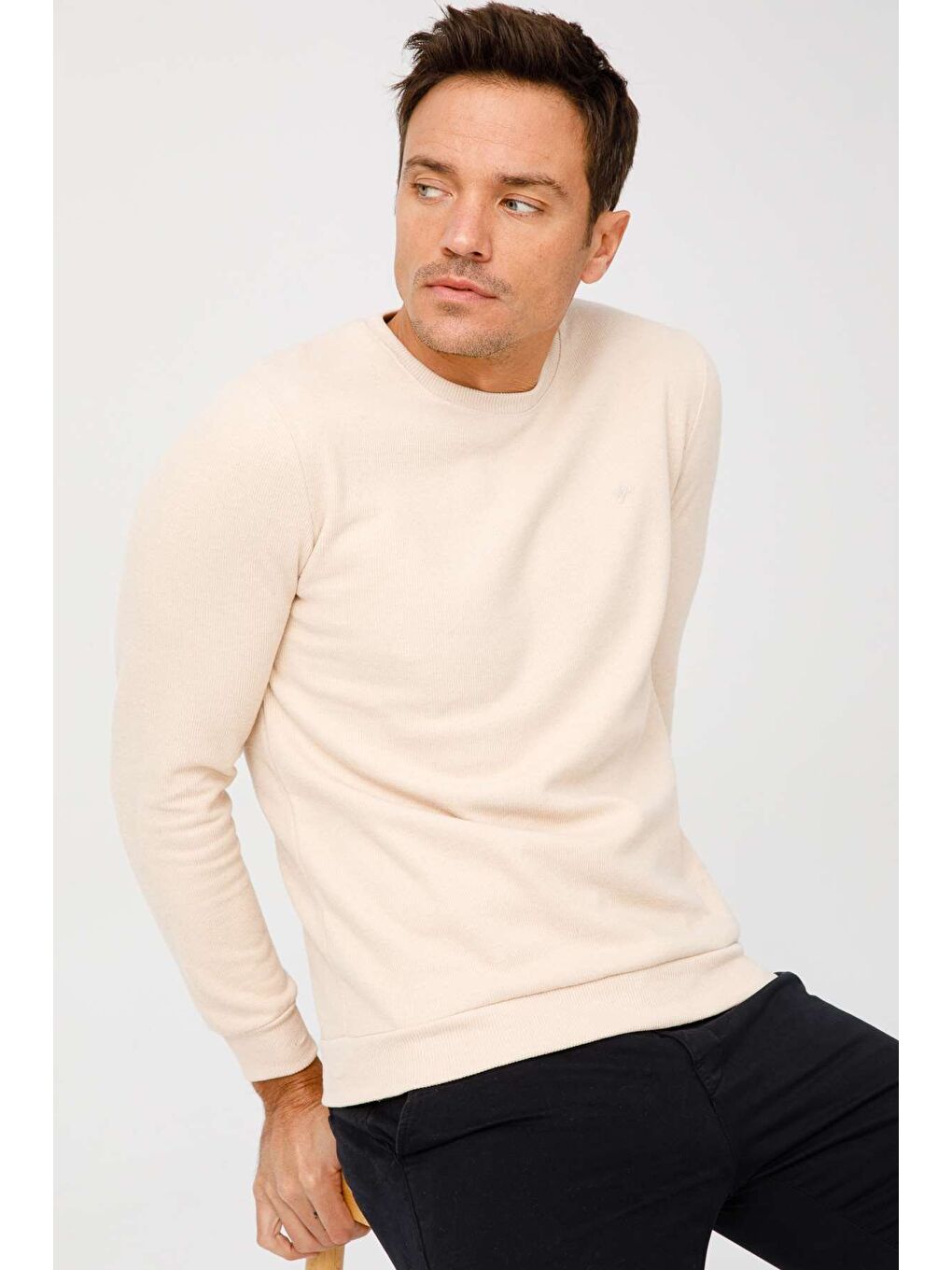 Bej Rahat Kalıp Bisiklet Yaka Düz Uzun Kollu Triko-3