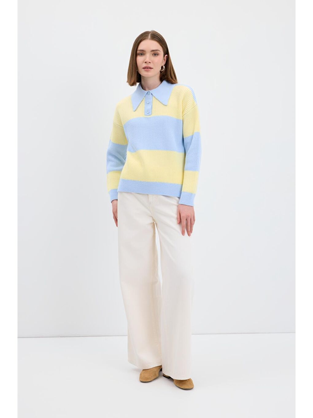 Polo Yaka Çift Renkli Triko Kazak Uçuk Mavi-1