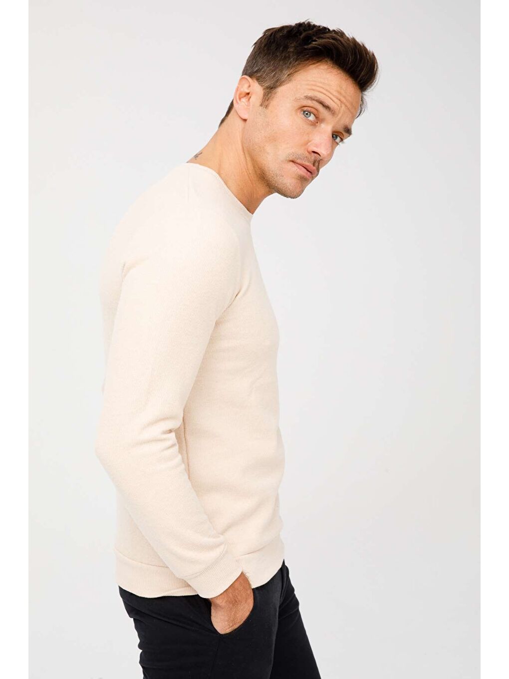 Bej Rahat Kalıp Bisiklet Yaka Düz Uzun Kollu Triko-4