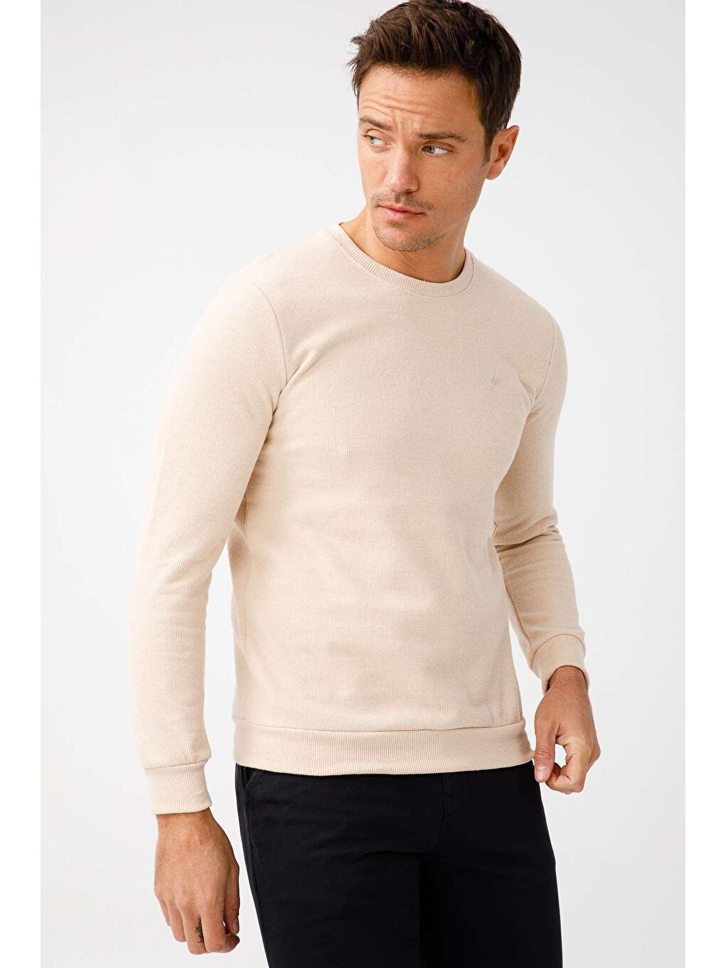 Bej Rahat Kalıp Bisiklet Yaka Düz Uzun Kollu Triko-5