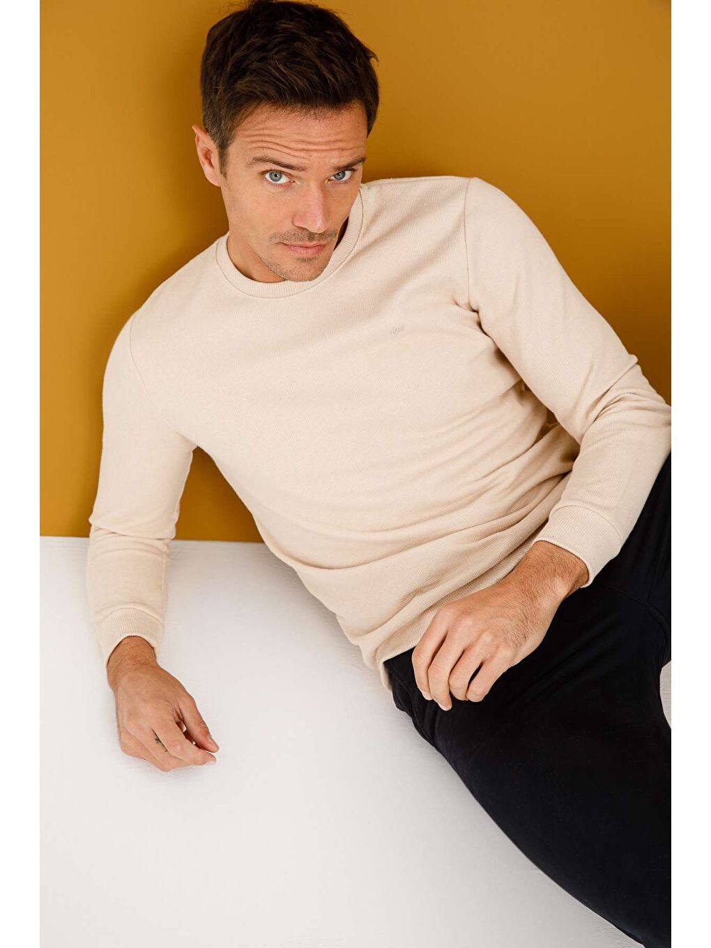 Bej Rahat Kalıp Bisiklet Yaka Düz Uzun Kollu Triko-7