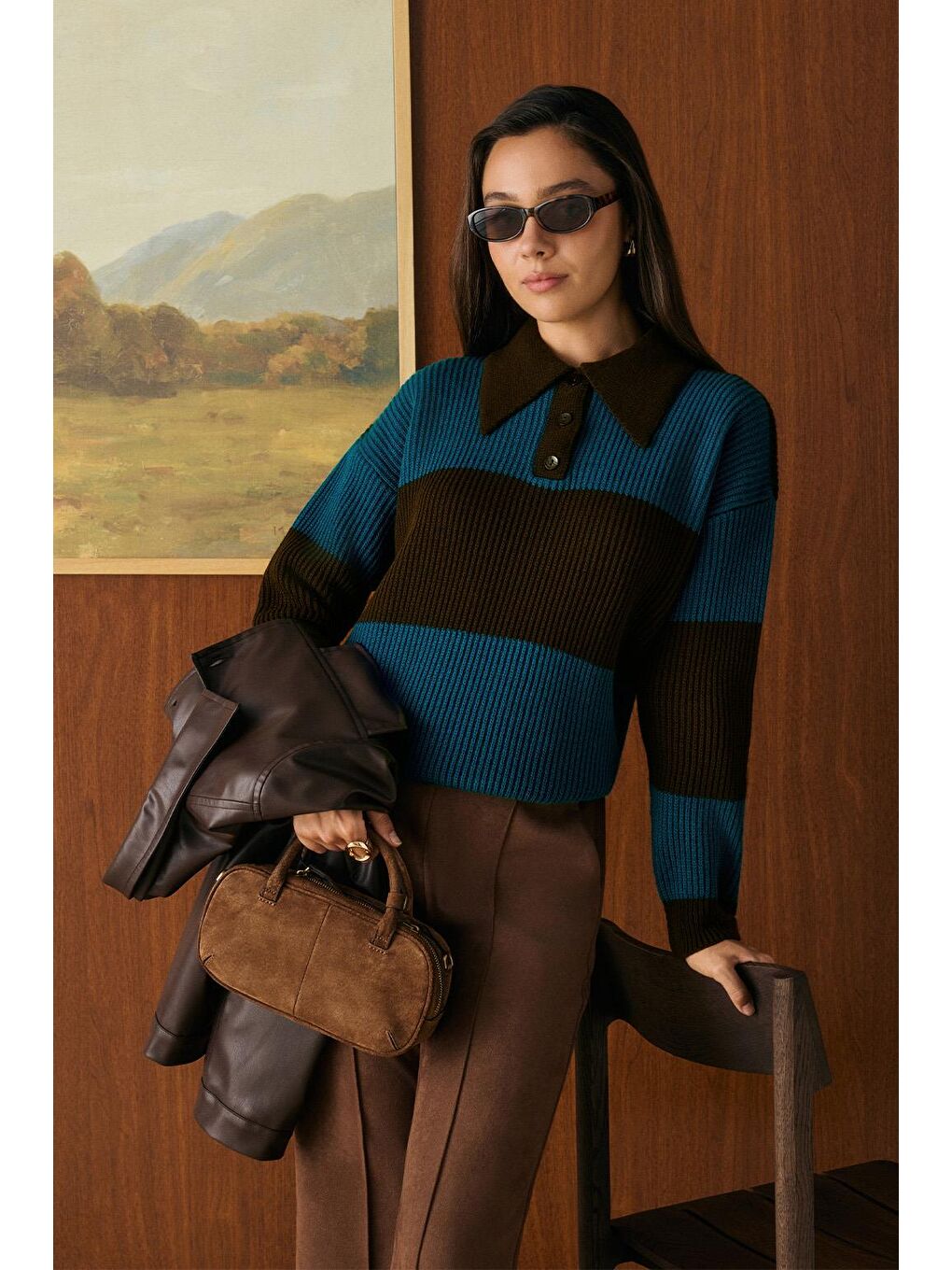 Kahverengi Polo Yaka Çift Renkli Triko Kazak Kahve-1