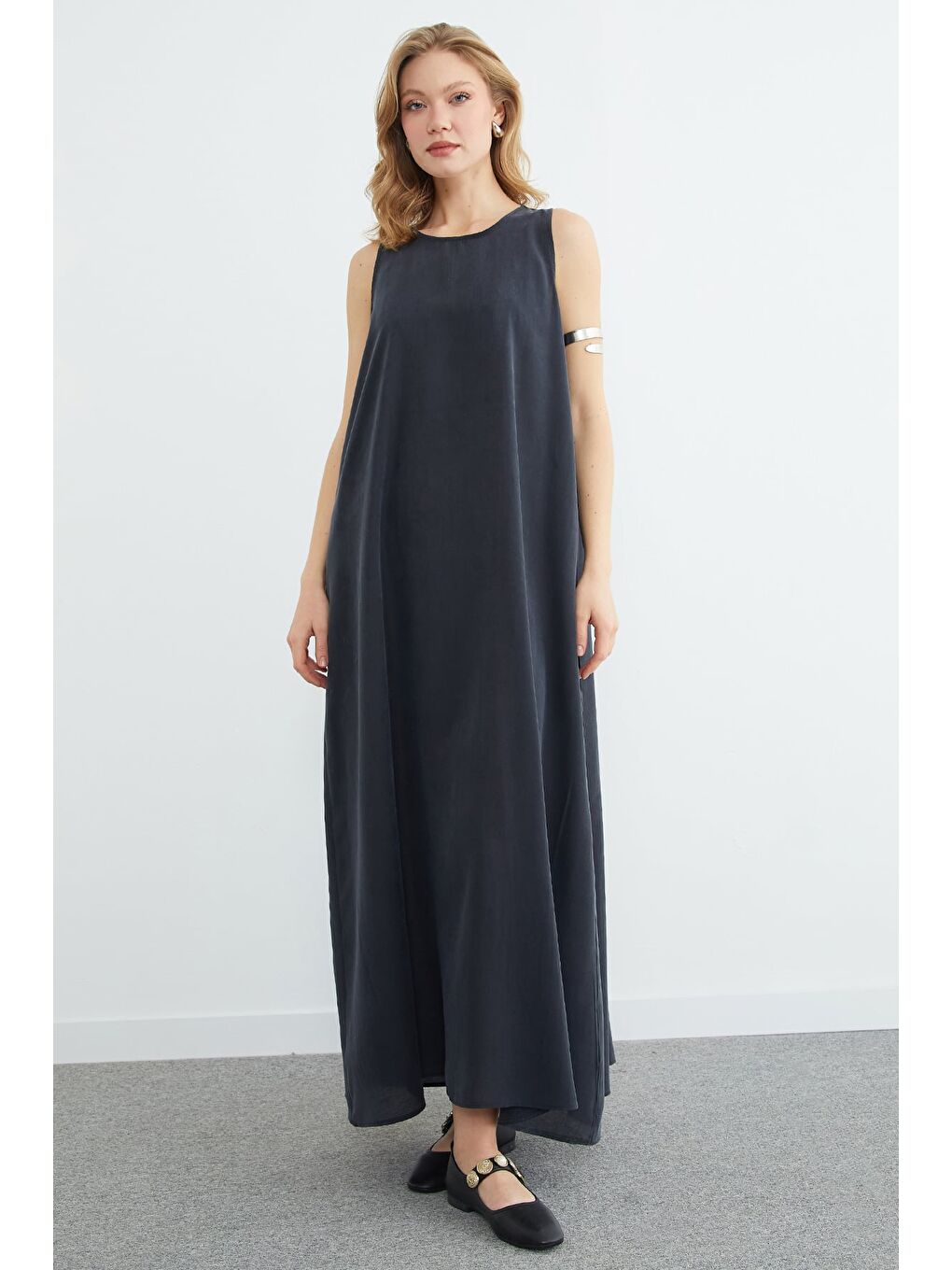 Gri Fermuarlı Salaş Maxi Boy Elbise-1