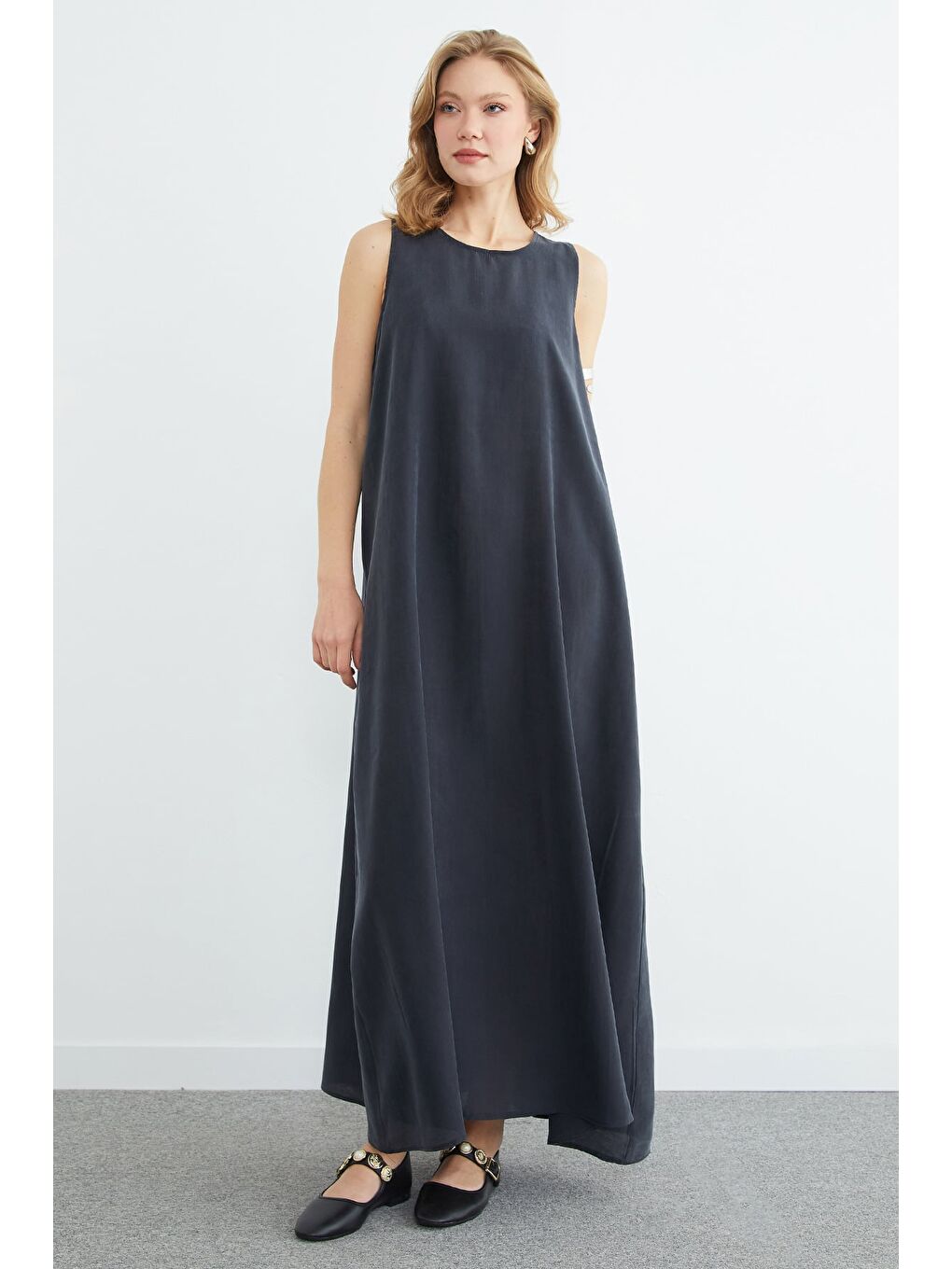 Gri Fermuarlı Salaş Maxi Boy Elbise-2