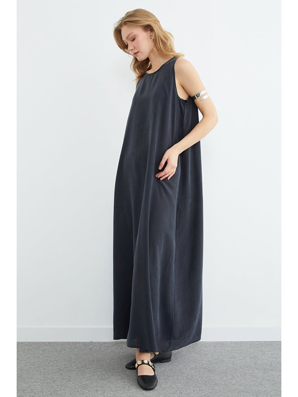 Gri Fermuarlı Salaş Maxi Boy Elbise-3