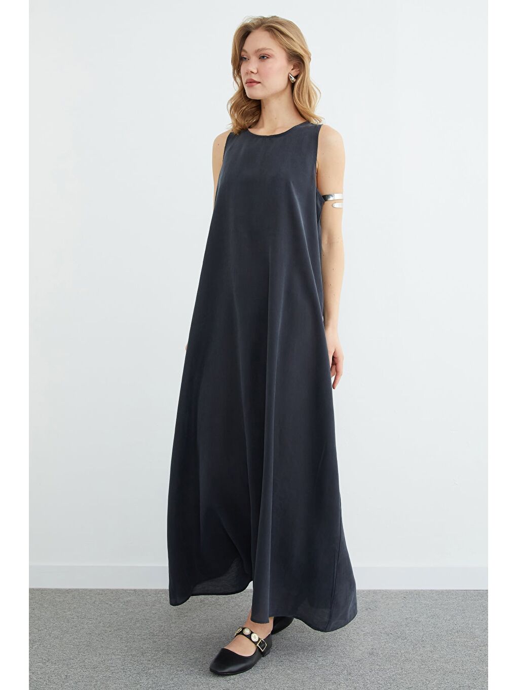 Gri Fermuarlı Salaş Maxi Boy Elbise-4