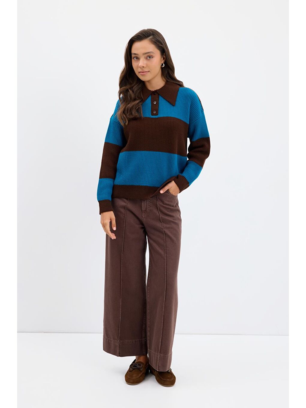 Kahverengi Polo Yaka Çift Renkli Triko Kazak Kahve-2