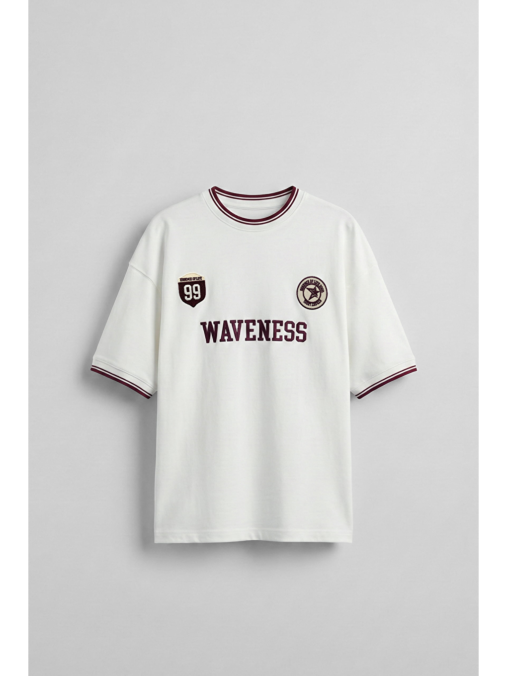 Erkek Oversize Nakışlı Kontrast Yaka Kolej T-Shirt Ekru
