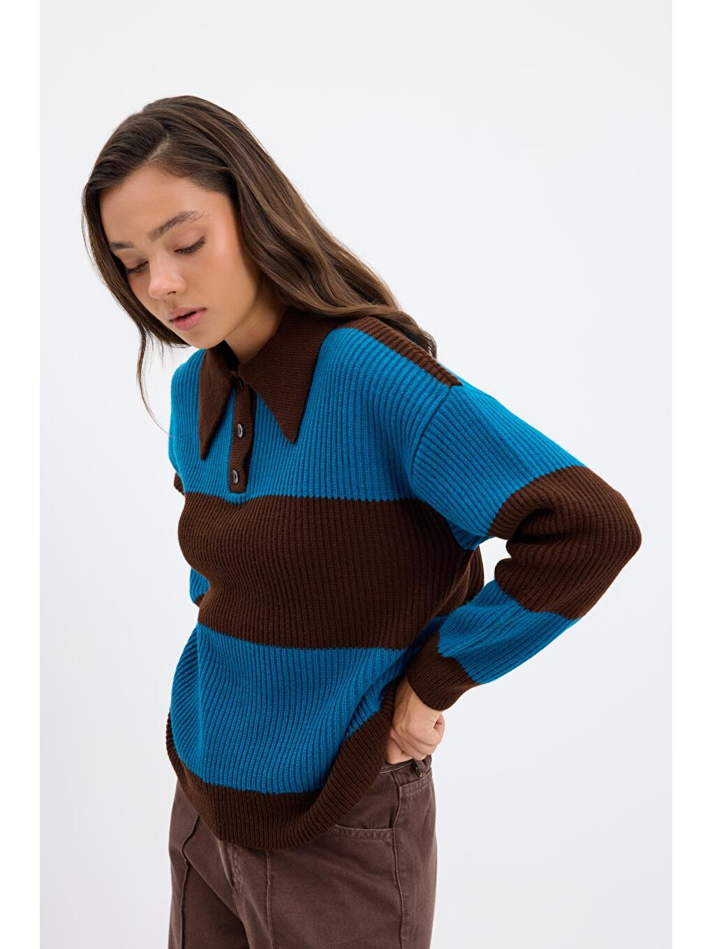 Kahverengi Polo Yaka Çift Renkli Triko Kazak Kahve-3