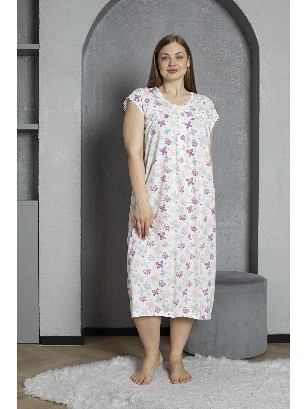 Mürdüm Yakası Düğmeli Kısa Kol Pamuklu Penye Büyük Beden Anne Geceliği 295-1