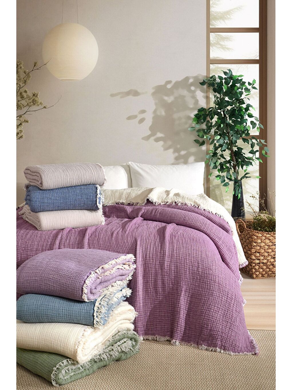 Lacivert 5 Katlı %100 Pamuk Müslin Yatak Örtüsü – 230x240 cm-3