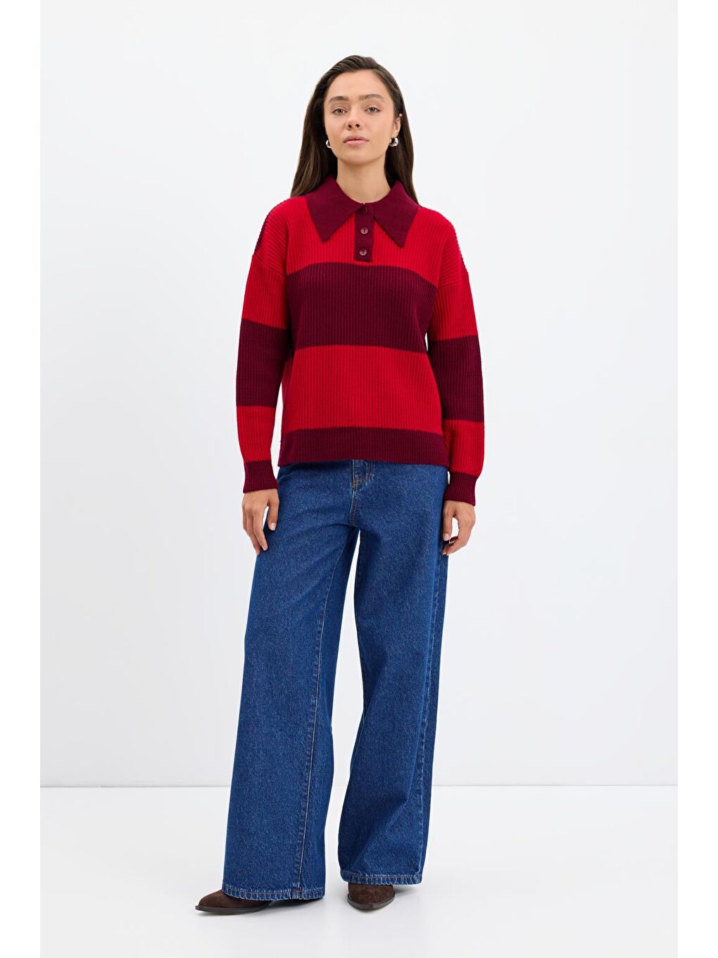 Polo Yaka Çift Renkli Triko Kazak Bordo-1