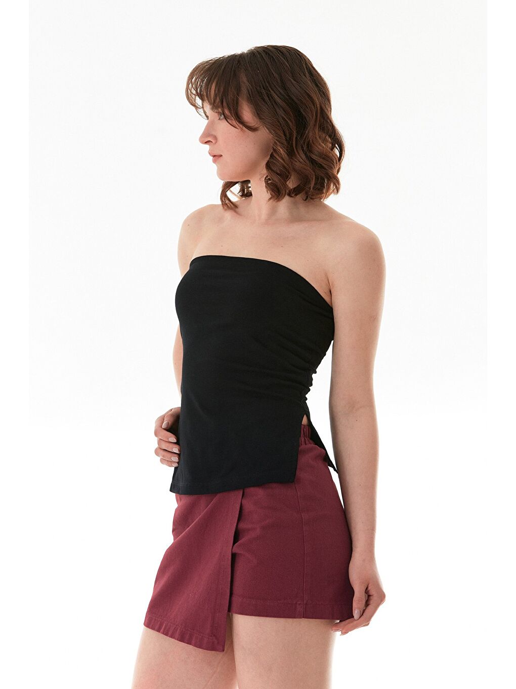 Siyah Basic Yanları Yırtmaçlı Straplez Büstiyer-3