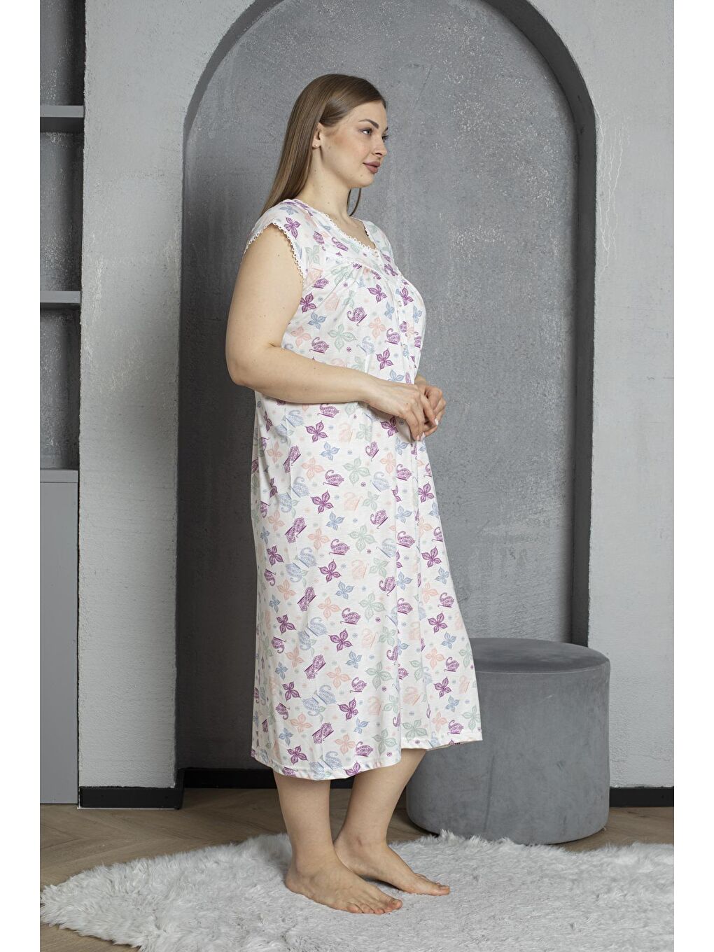 Mürdüm Yakası Düğmeli Kısa Kol Pamuklu Penye Büyük Beden Anne Geceliği 295-2