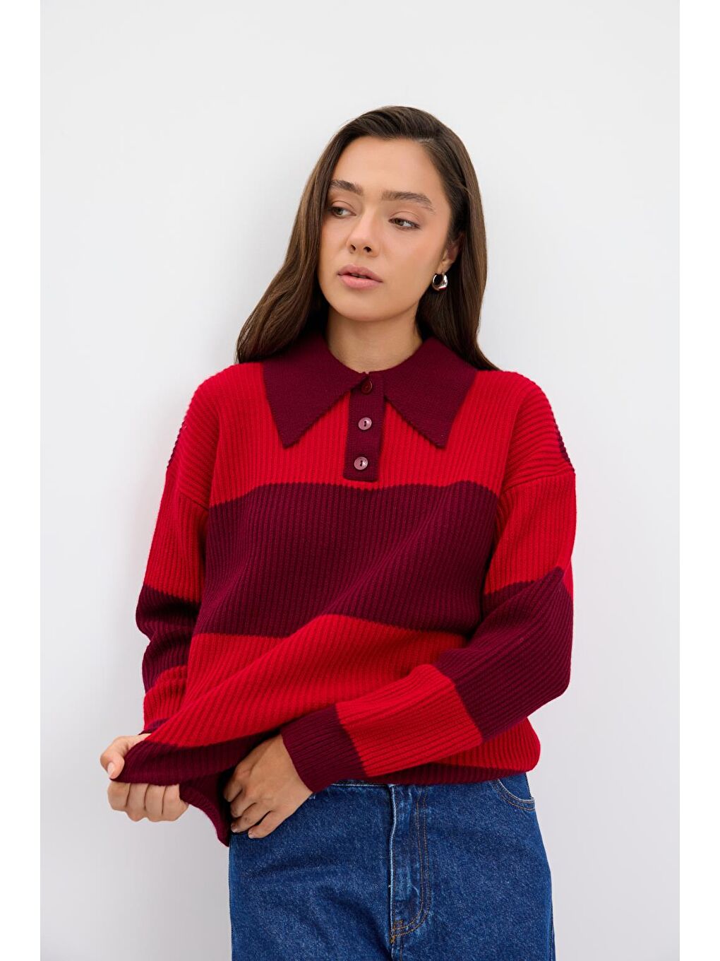 Polo Yaka Çift Renkli Triko Kazak Bordo-2