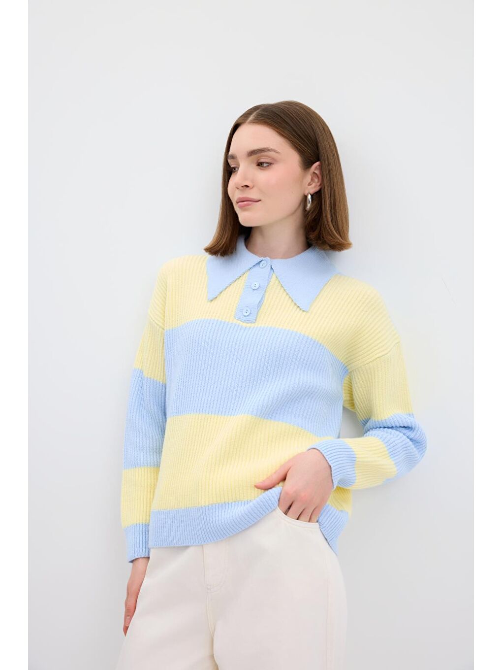 Polo Yaka Çift Renkli Triko Kazak Uçuk Mavi-3