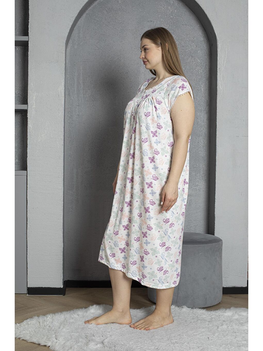 Mürdüm Yakası Düğmeli Kısa Kol Pamuklu Penye Büyük Beden Anne Geceliği 295-3